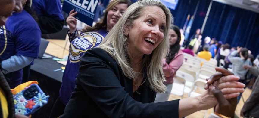 Laura Gillen speaks to supporters at a rally on Oct. 17, 2024.