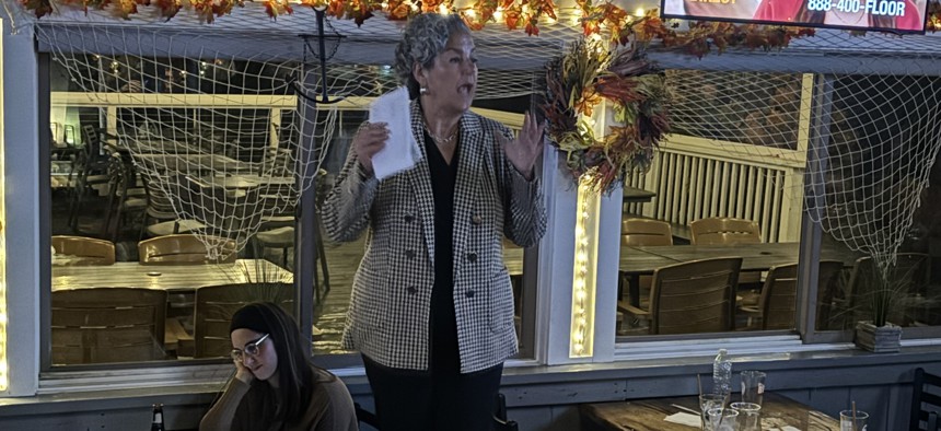 Assembly Member Stacey Pheffer Amato speaks to supporters at an election night party.