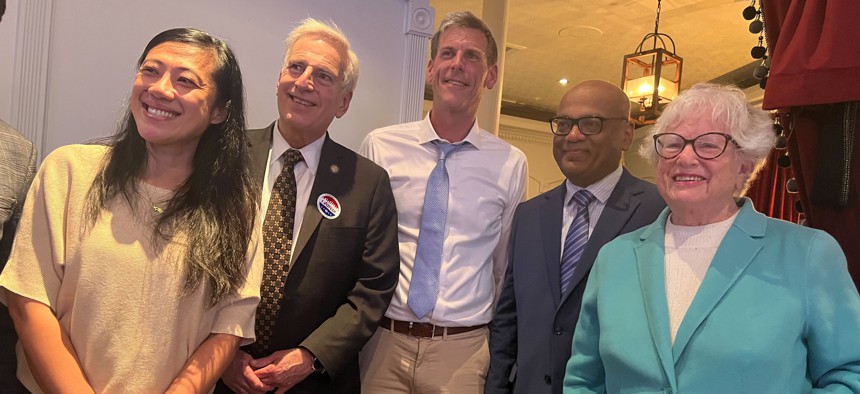 From left to right, New York City Council Member Sandra Ung, Assembly Members David Weprin and Ed Braunstein, judicial candidate Amish Doshi and state Sen. Toby Ann Stavisky