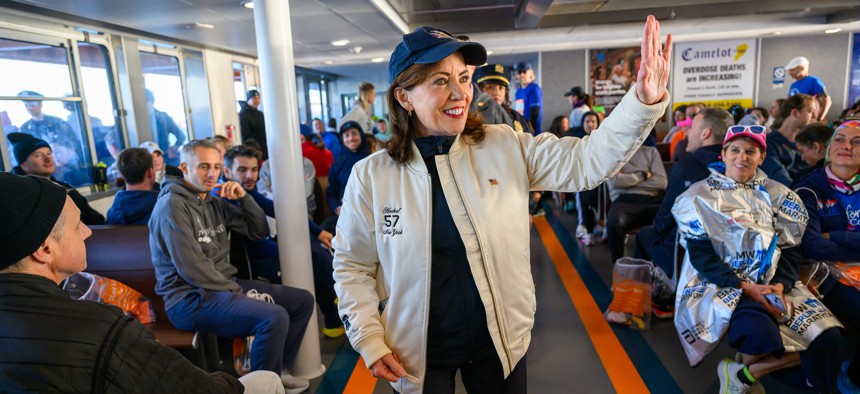 Gov. Kathy Hochul delivers remarks at the start of the New York City marathon.