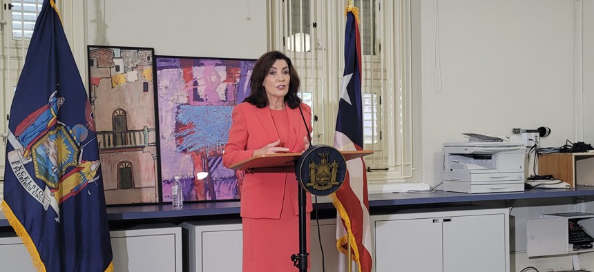 Gov. Kathy Hochul addressed reporters in San Juan.