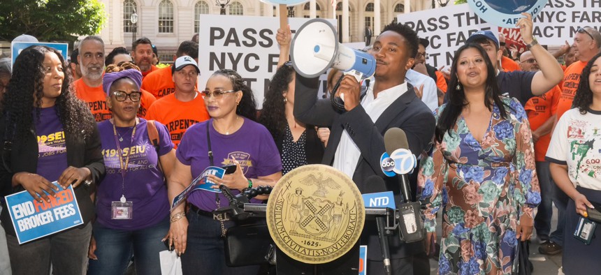 Council Member Chi Ossé speaks at a rally for the FARE Act.