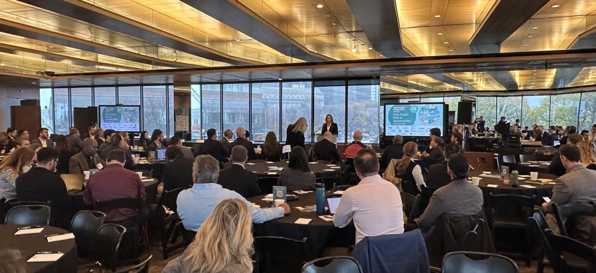 Doreen Harris, president & CEO of the New York State Energy Research and Development Authority, speaks to attendees at City & State’s 2024 Clean Energy Summit at the Museum of Jewish Heritage in Lower Manhattan on Thursday.