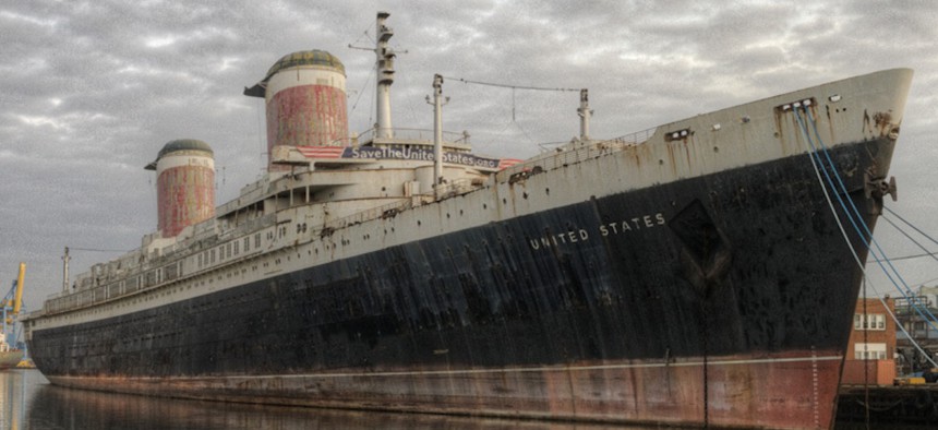 The 78-year-old S.S. United States, the largest ocean liner ever built in the U.S. and which still holds the record for fastest transatlantic crossing, docked in Philadelphia.