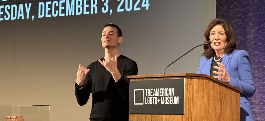 Gov. Kathy Hochul speaks at the groundbreaking of the American LGBTQ+ Museum at the New York Historical Society on Tuesday.  Web credit: Amanda Salazar