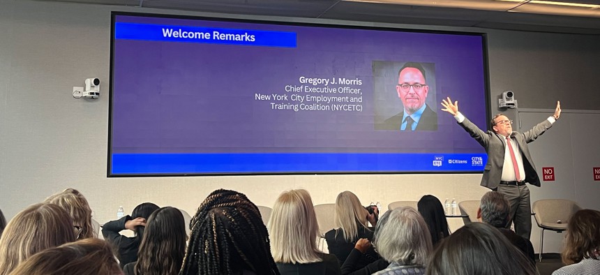 NYCETC CEO Gregory Morris addresses attendees at day two of the organization’s annula conference at Civic Hall on Wednesday. 