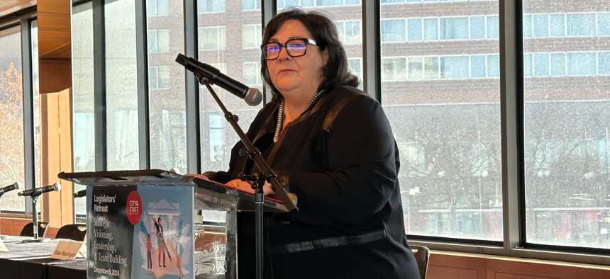 State Department of Transportation Commissioner Marie Therese Dominguez addresses attendees at City & State’s 2024 State Legislators’ Retreat, held at the Museum of Jewish Heritage in Lower Manhattan on Friday.