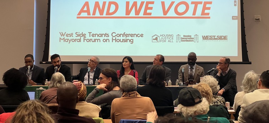 From left, state Sen. Zellnor Myrie, Assembly Member Zohran Mamdani, former Comptroller Scott Stringer, state Sen. Jessica Ramos, Comptroller Brad Lander, former Assembly Member Michael Blake and attorney Jim Walden