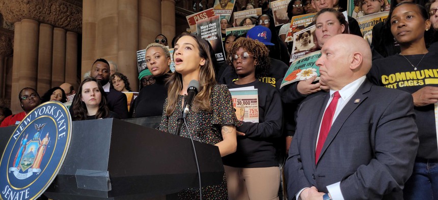 State Sen. Julia Salazar speaks at a criminal justice reform rally in Albany on May 13, 2024.