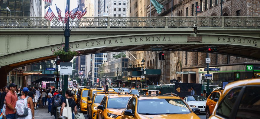 Taxis lined up outside Grand Central Terminal in New York City.