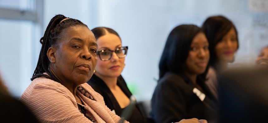 (Left to right) Educators for Excellence members Valerie Thomas Green, Rita Pettaway, Janelle Jemmott and Dr. Danielle Point Du Jour, in a conversation with NYCPS leadership.