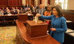 Gov. Kathy Hochul presides over the New York Electoral College vote on Dec. 17, 2024.