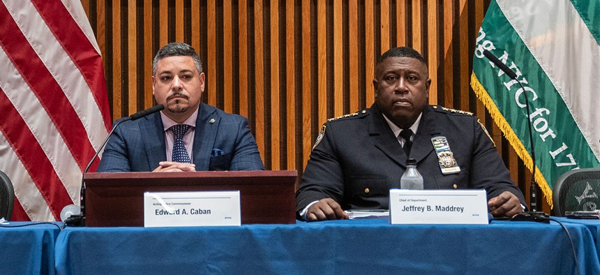 A woman suing the NYPD for harassment wants to add former NYPD Commissioner Eddie Caban, left and Chief of Department Jeffrey Maddrey, right, to her complaint.