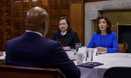 ew York City Mayor Eric Adams meets with Gov. Kathy Hochul and her aide Karen Persichilli Keogh in Albany.