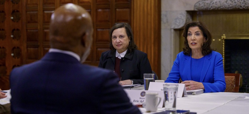 ew York City Mayor Eric Adams meets with Gov. Kathy Hochul and her aide Karen Persichilli Keogh in Albany.