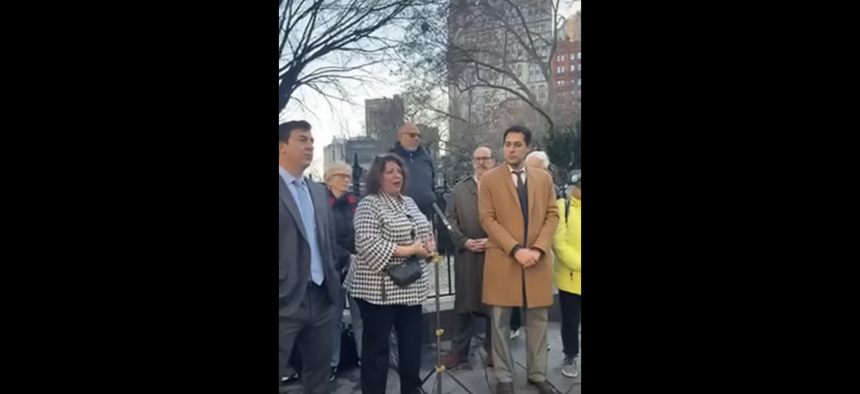 Marianne Pizzitola, president of the NYC Organization of Public Service Retirees, speaks at a rally celebrating the Court of Appeals decision on Dec. 17, 2024.