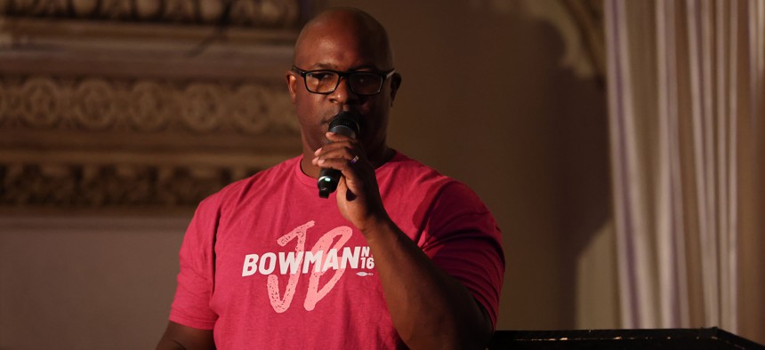 Rep. Jamaal Bowman speaks during his primary election night party on June 25, 2024.