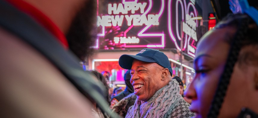 New York City Mayor pushes the button to start the countdown at the Times Square Alliance’s New Year’s Eve ball drop on Jan. 1, 2024.