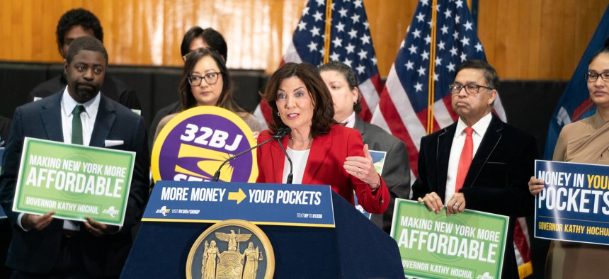 Gov. Kathy Hochul speaks to reporters about her proposals to increase affordability and expand involuntary mental health commitments on Jan. 3, 2025.