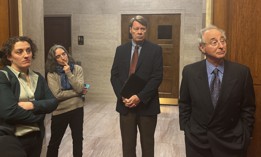 Rachael Fauss of Reinvent Albany, Maria Cilenti of the New York City Bar Association, Blair Horner of the New York Public Interest Research Group and Rich Schaffer of Citizens Union speak to reporters following oral argument at the Court of Appeals on Jan. 7, 2024.