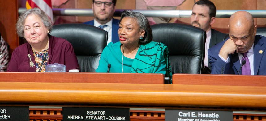 State Senate Majority Leader Andrea Stewart-Cousins, center, and Assembly Speaker Carl Heastie, right, will announce committee assignments as soon as today.