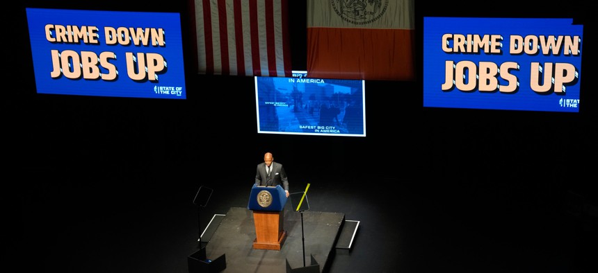 New York City Mayor Eric Adams gives his 2024 State of the City address a year ago.