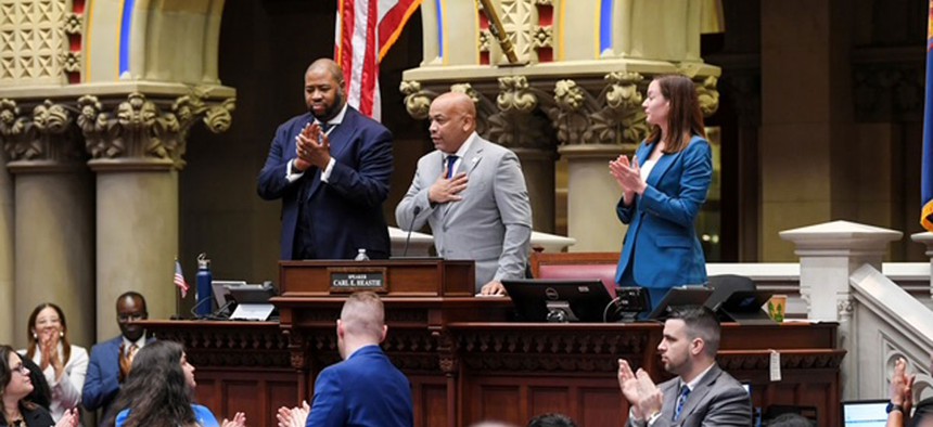 Assembly Speaker Carl Heastie addresses lawmakers after being formally reelected as speaker on Jan. 8, 2025. 