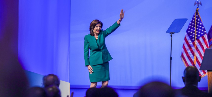 Gov. Kathy Hochul waves to the crowd before delivering her annual State of the State address at The Egg performing arts venue in Albany on Jan. 14, 2025.