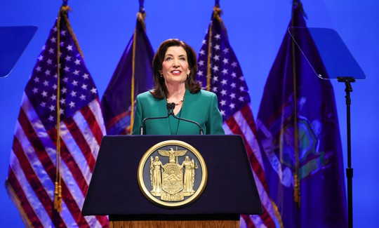 Gov. Kathy Hochul delivers her 2025 State of the State address at the Egg performing arts center in Albany on Jan. 14, 2025.