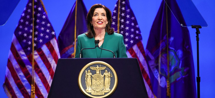 Gov. Kathy Hochul delivers her 2025 State of the State address at the Egg performing arts center in Albany on Jan. 14, 2025.