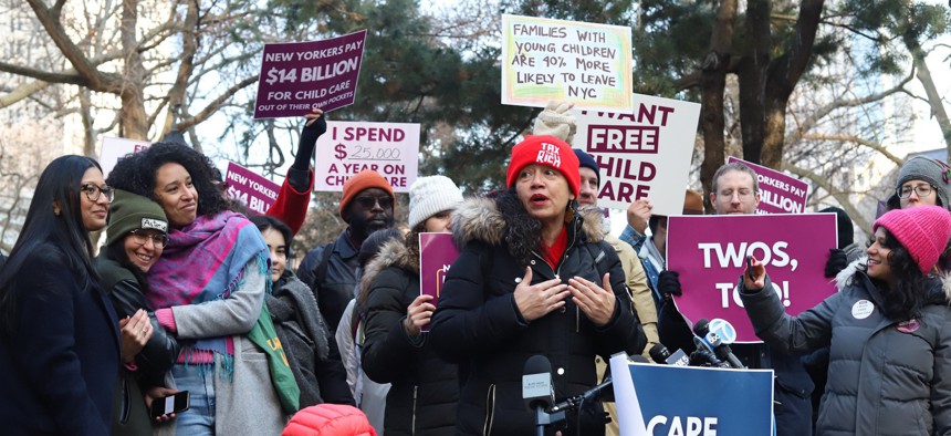 New York City Council Progressive Caucus members Shahana Hanif, left, Tiffany Cabán, second from left, Sandy Nurse, third from left, and Alexa Avilés, center, attend a rally on Jan. 12, 2025.