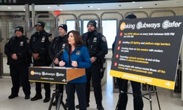 Gov. Kathy Hochul speaks about her plans for NYPD officers to patrol overnight subway trains, during a press conference on Jan. 16, 2025.