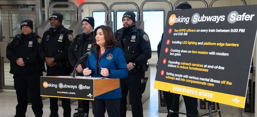 Gov. Kathy Hochul speaks about her plans for NYPD officers to patrol overnight subway trains, during a press conference on Jan. 16, 2025.