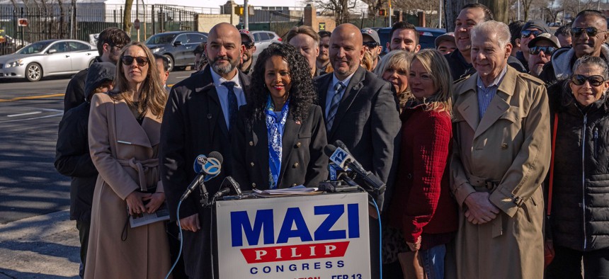 Mazi Pilip, center, was the ill-fated Republican nominee in a special election to replace former Rep. George Santos.