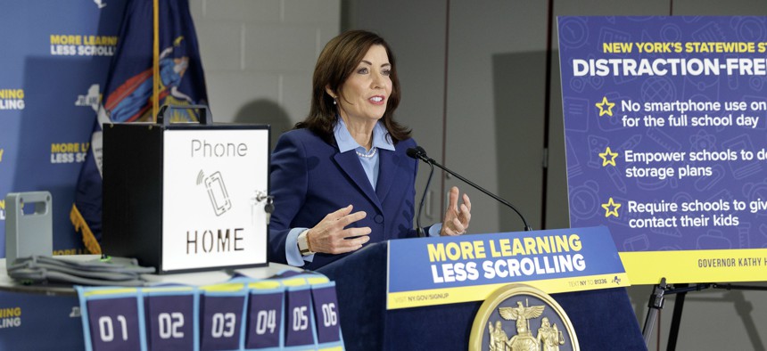 Gov. Kathy Hochul speaks about her plan to ban cellphones in schools at Farnsworth Middle School on Jan. 22, 2025.