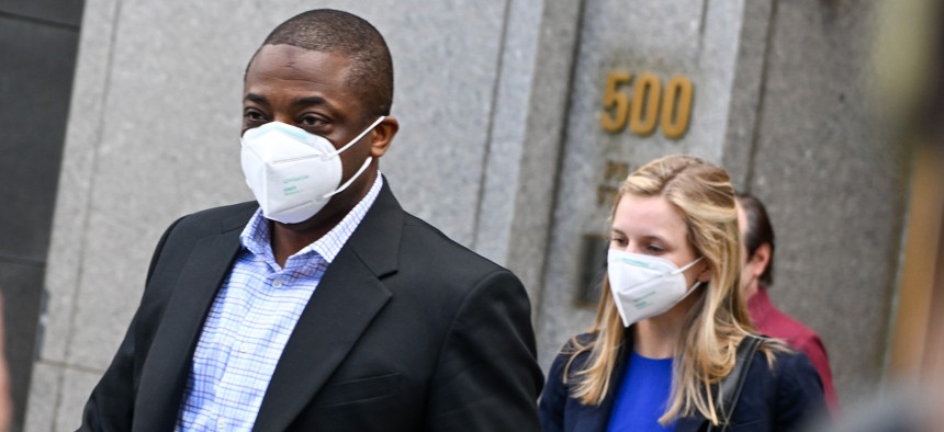 Former Lt. Gov. Brian Benjamin leaves the U.S. District Courthouse in New York City on April 12, 2022. All federal charges against Benjamin have since been dropped.