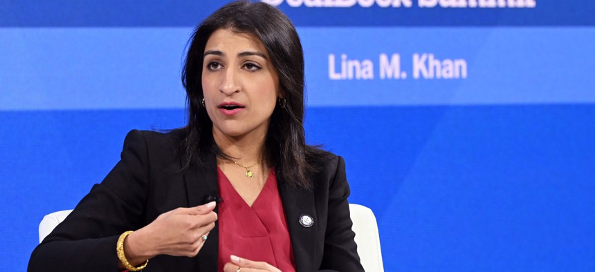 Federal Trade Commission Chair Lina Khan speaks onstage during The New York Times Dealbook Summit on Nov. 29, 2023.