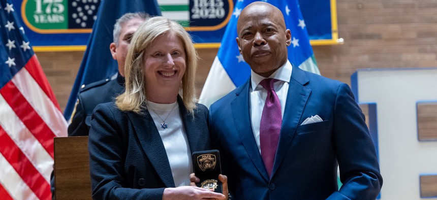 NYPD Commissioner Jessica Tisch, left, could run for mayor in the mold of Mike Bloomberg if New York City Mayor Eric Adams, right, bows out of the race.