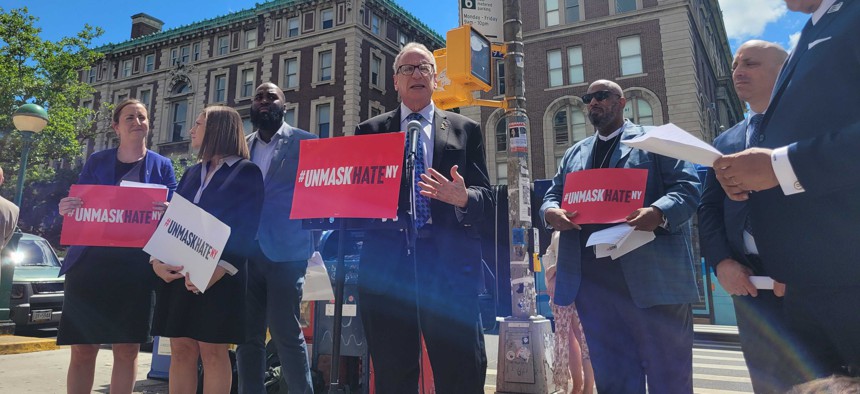 Assembly Member Jeffrey Dinowitz speaks about the importance of a mask ban at a rally for #UnmaskHateNY last year.