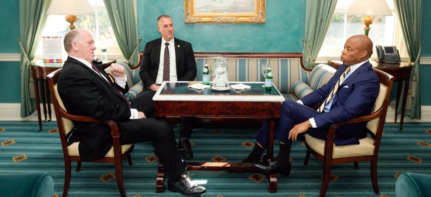 Mayor Eric Adams, right, meets with President Donald Trump’s border czar Tom Homan at Gracie Mansion on Dec. 12, 2024.