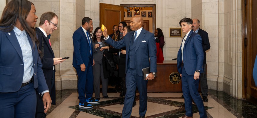 New York City Mayor Eric Adams in the state Capitol on Tin Cup Day in 2024.