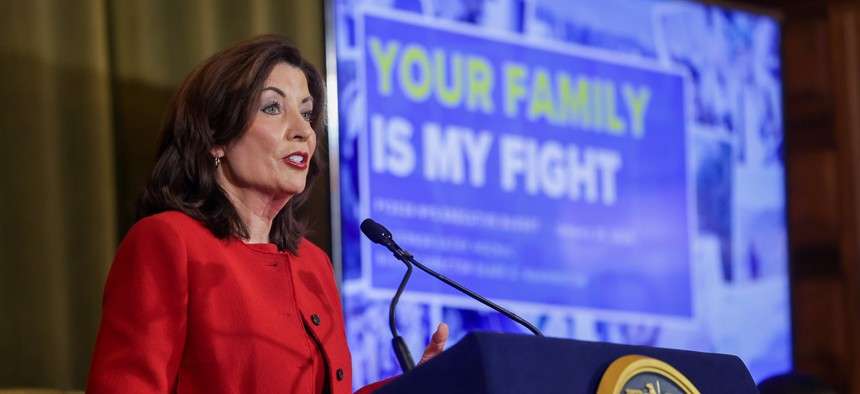 Gov. Kathy Hochul presents the Fiscal Year 2026 executive budget proposal on Jan. 21, 2025.