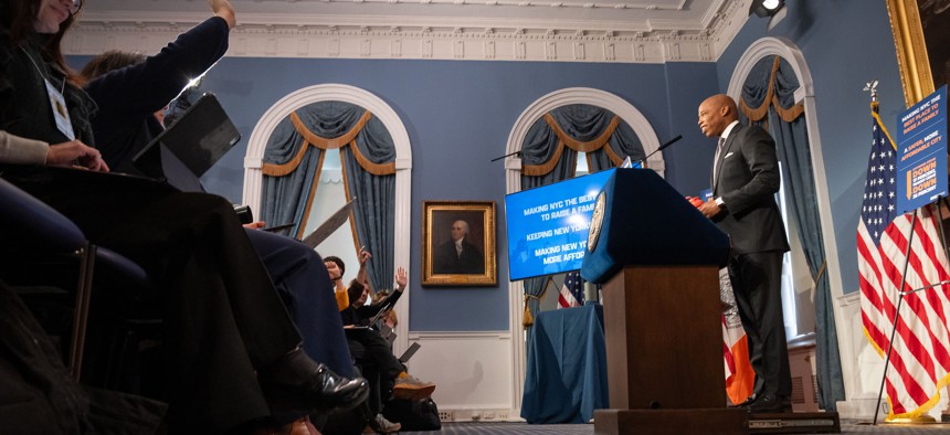 New York City Mayor Eric Adams addresses the press on Feb. 5.