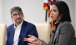 Adrienne Harris, superintendent of the state Department of Finance, is interviewed by City & State Editor-in-Chief Ralph R. Ortega at the NY P&C Insurance Summit in Albany, presented by Big I New York and NY First.