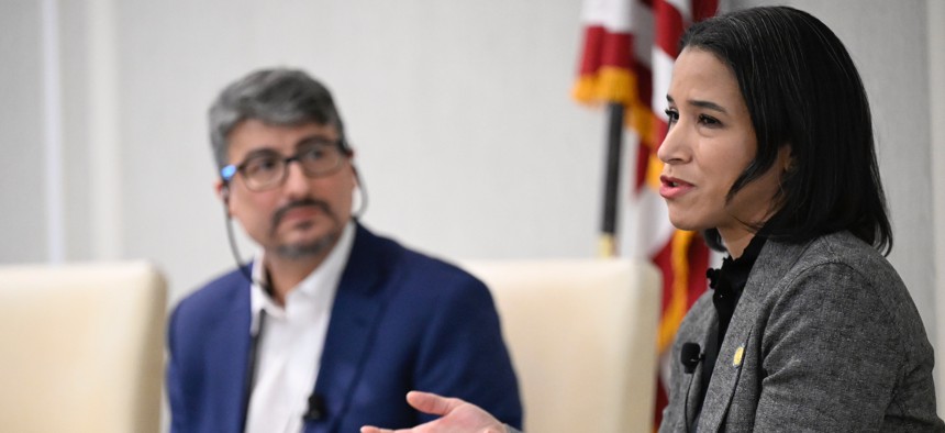 Adrienne Harris, superintendent of the state Department of Finance, is interviewed by City & State Editor-in-Chief Ralph R. Ortega at the NY P&C Insurance Summit in Albany, presented by Big I New York and NY First.