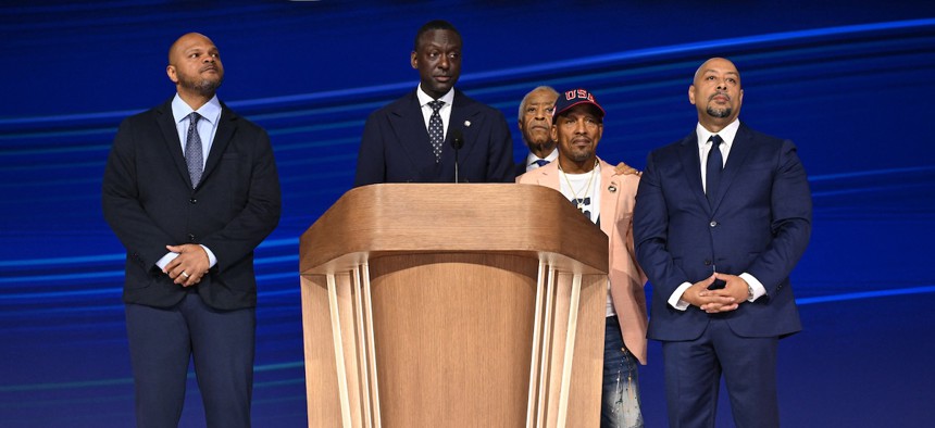 Raymond Santana, right, is considering a run for New York City Council. Here he’s pictured at the Democratic National Convention with, from left, the Exonerated Five’s Kevin Richardson and Yusef Salaam, the Rev. Al Sharpton, and the Exonerated Five’s Korey Wise. 