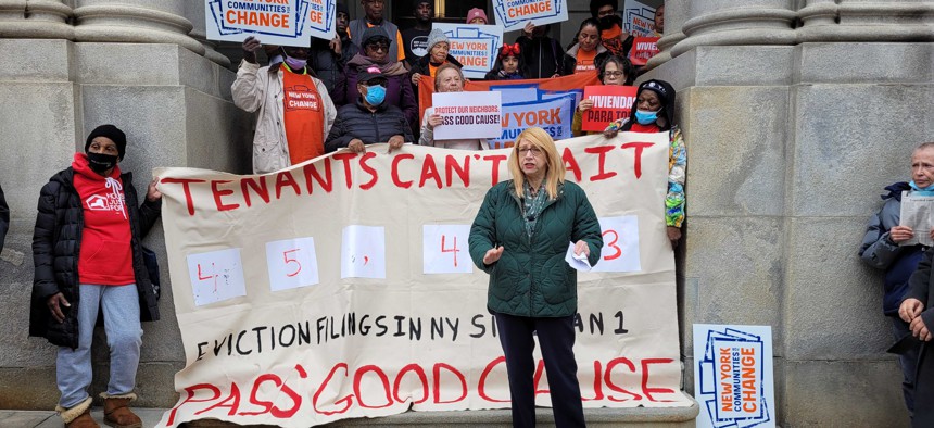 Assembly Housing Committee Chair Linda Rosenthal speaks at a housing rally on Nov. 11, 2023.