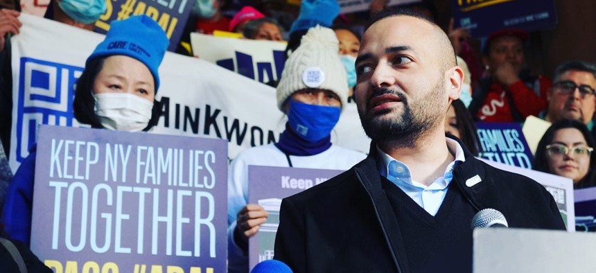 Murad Awawdeh speaks at a rally in support of the Access to Representation Act.