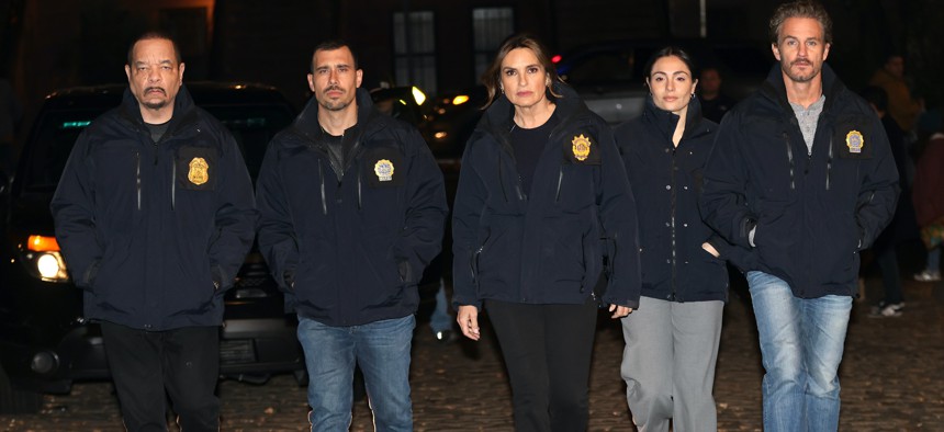 Ice T, Octavio Pisano, Mariska Hargitay, Juliana Aiden Martinez and Kevin Kane are seen on set of the "Law and Order: Special Victims Unit" TV series on November 14, 2024 in New York City. 