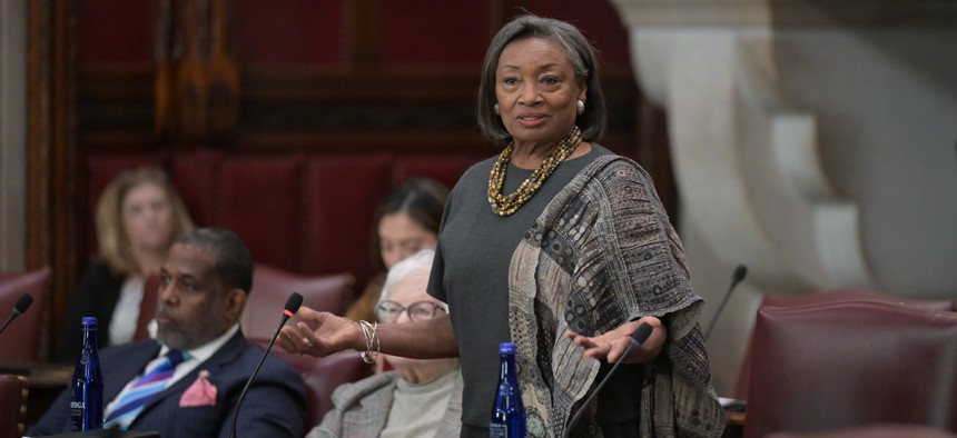 State Senate Majority Leader Andrea Stewart-Cousins speaks during the legislative session on Feb. 5, 2025.